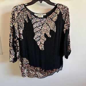 Oleg Cassini Black Silver Beaded Silk Vintage Blouse Top medium